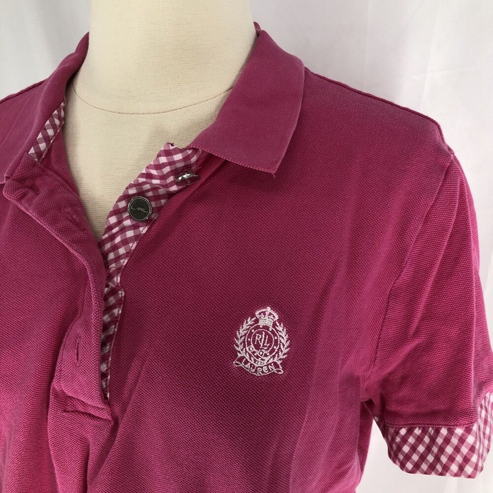 LRL Lauren Active Pink Polo Shirt Women's Large Gingham Trim Cotton Golf Top